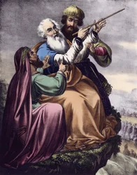 Moses betet für den Erfolg Israels gegen die Amalekiter